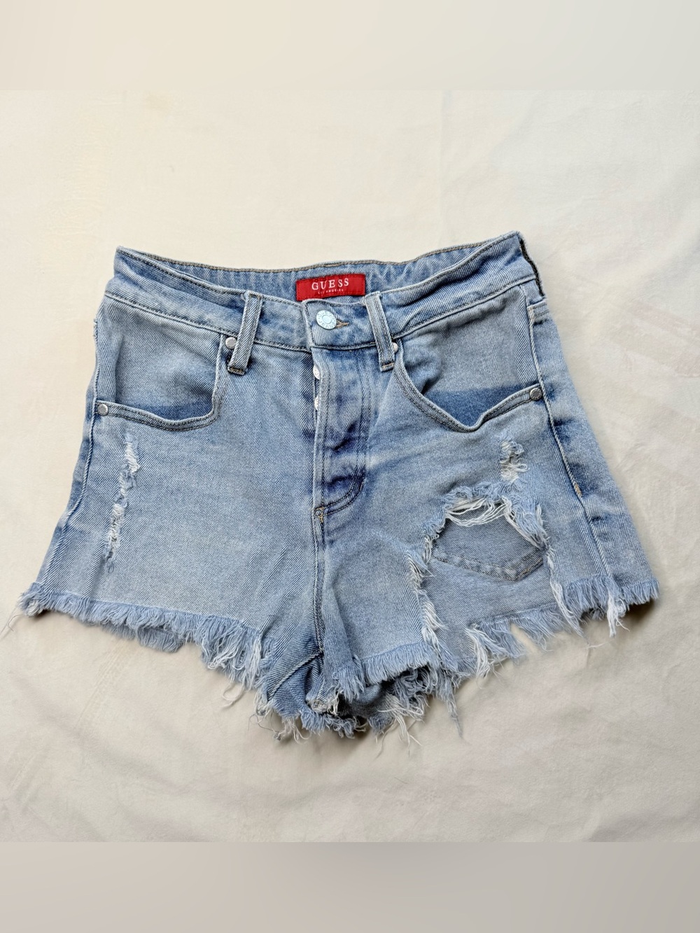 GUESS Los Angeles Denim Shorts Women Light Wash Distressed Button Fly Frayed Hem
